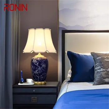 RONIN Blue Керамични Настолни Лампи, Месинг, Модерен и Луксозен Текстилен Настолна лампа, Домашен Декоративна лампа за хол, трапезария, спалня
