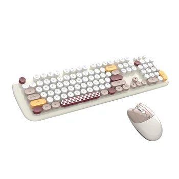 Мультяшная скъпа безжична клавиатура и мишка 2,4 G, Ретро Безжична клавиатура с кръгла клавиатура за момичета, Офис клавиатура за набор на текст