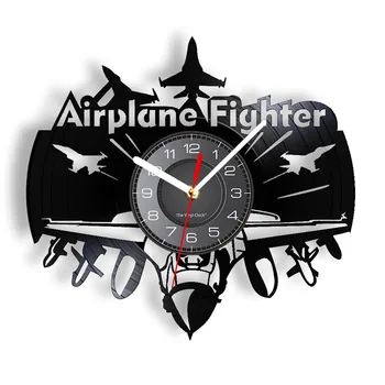 Часовник за записа на албума на винил Airplane Fighter Стенни часовници за пилот на изтребител с led задно осветен Винил ръчно изработени изделия